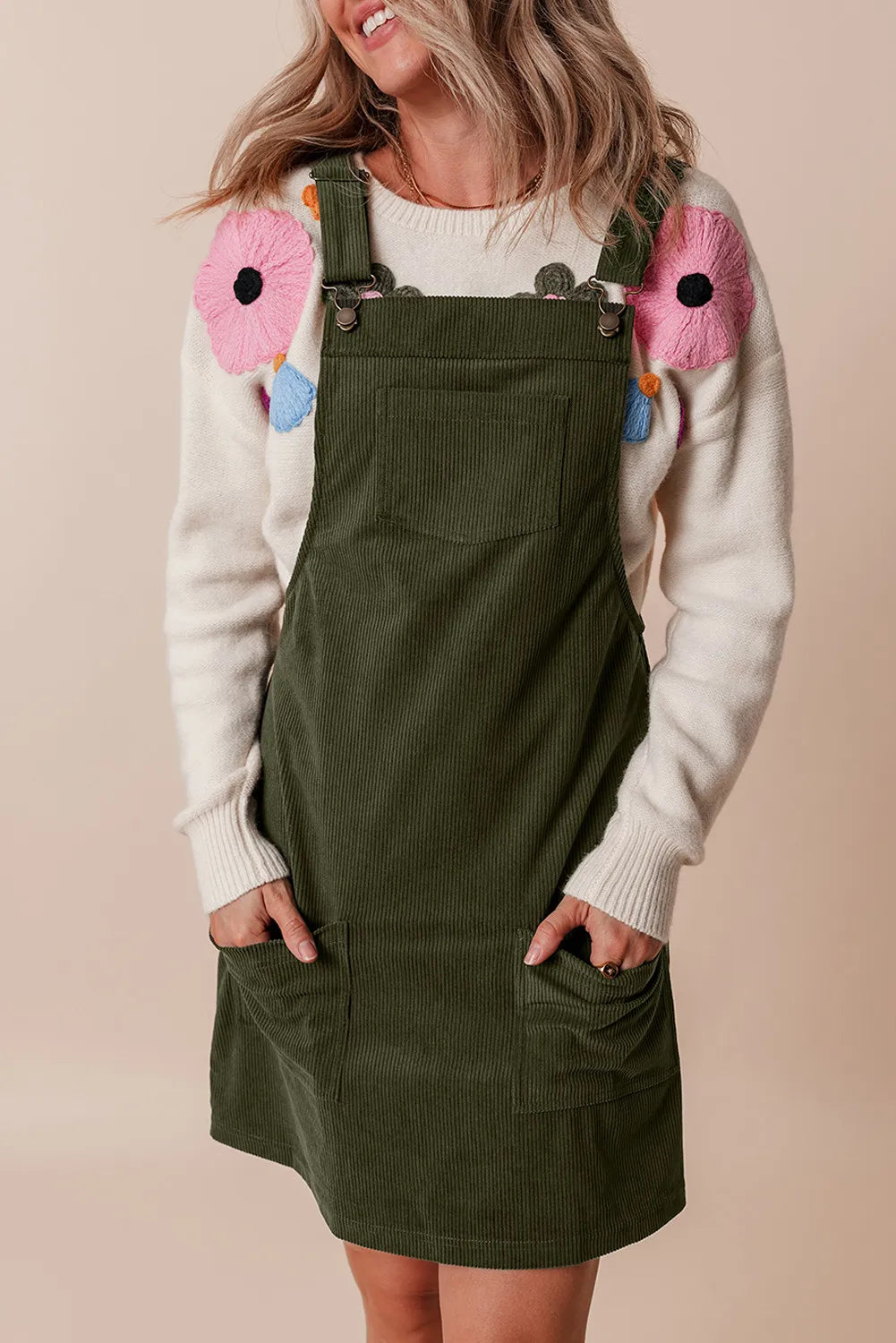 Pocketed Square Neck Wide Strap Overall Dress.