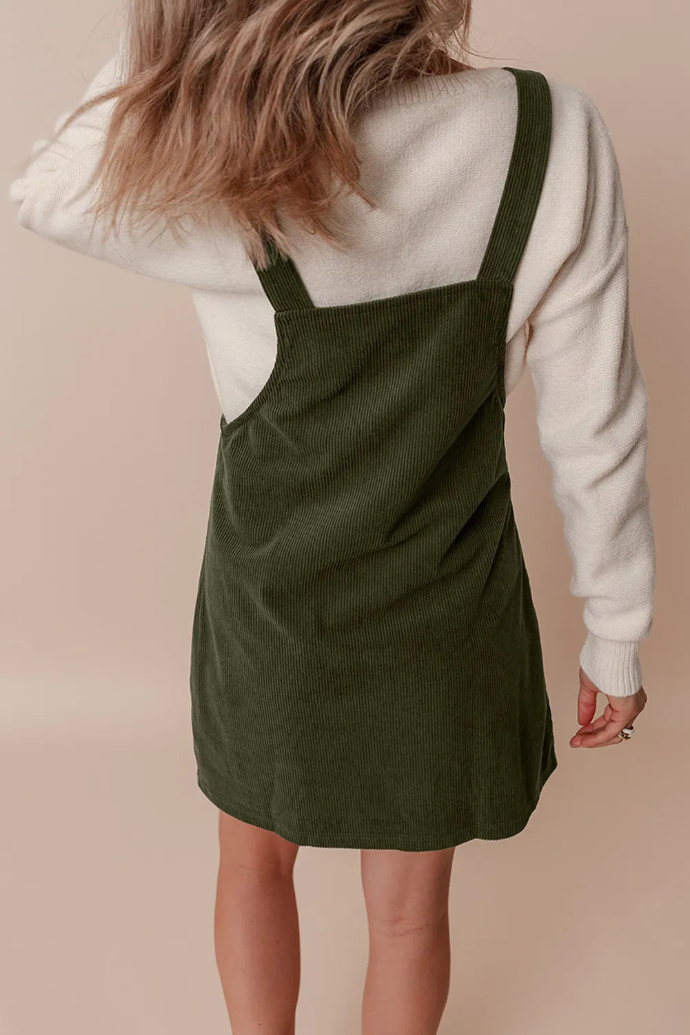 Pocketed Square Neck Wide Strap Overall Dress.