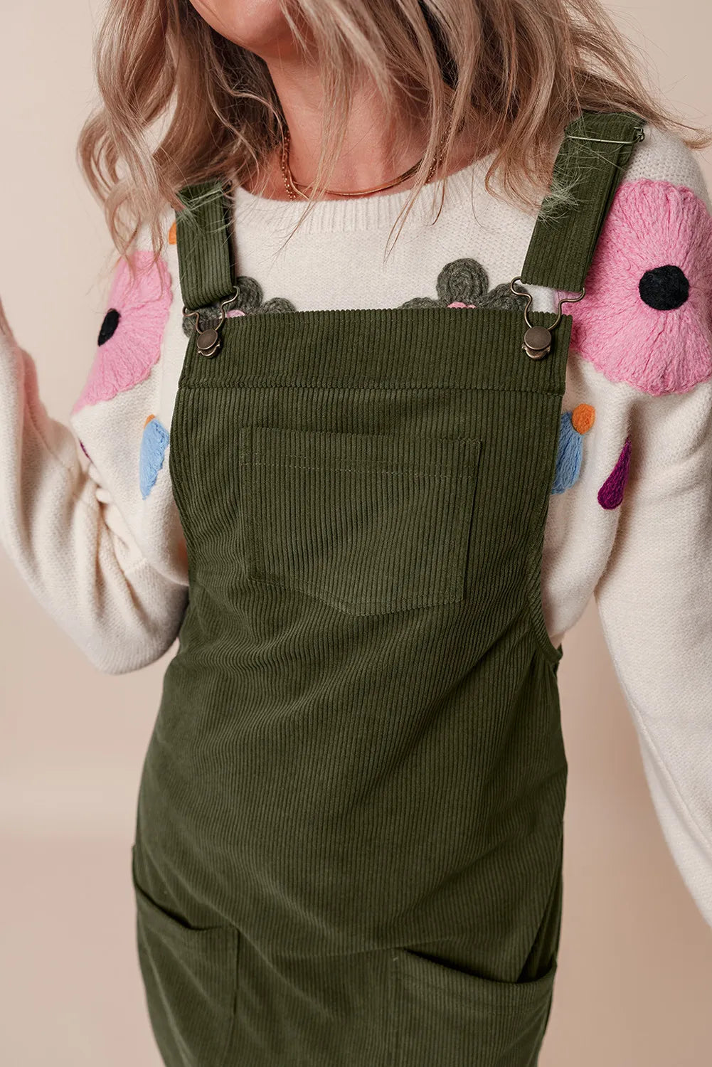 Pocketed Square Neck Wide Strap Overall Dress.