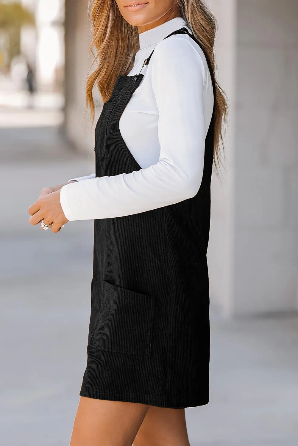 Pocketed Square Neck Wide Strap Overall Dress.