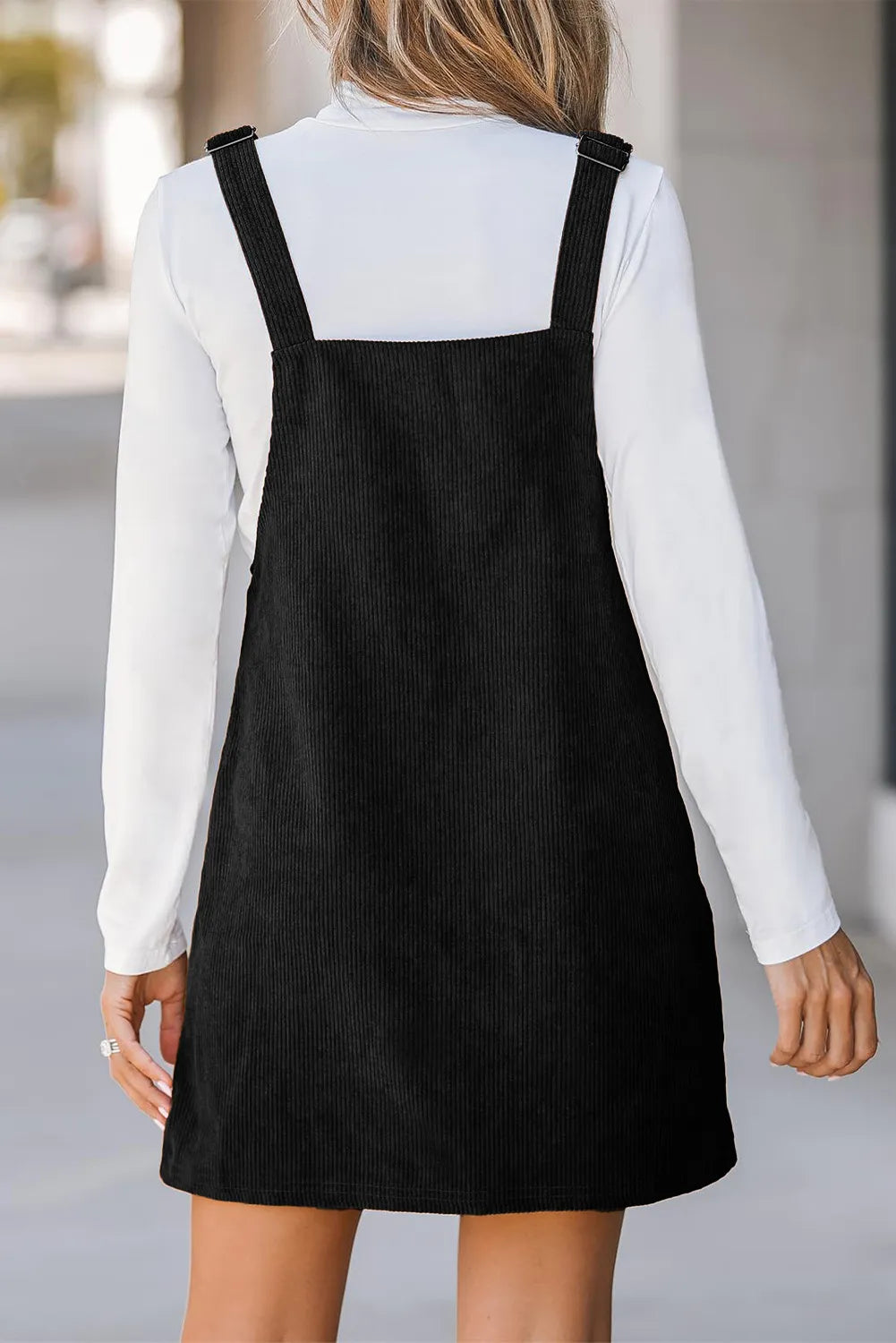 Pocketed Square Neck Wide Strap Overall Dress.