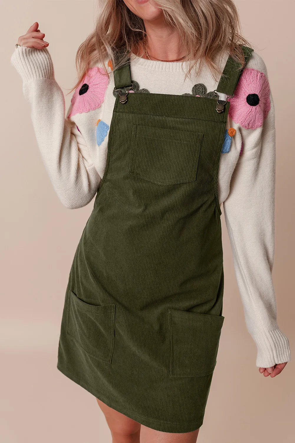 Pocketed Square Neck Wide Strap Overall Dress.