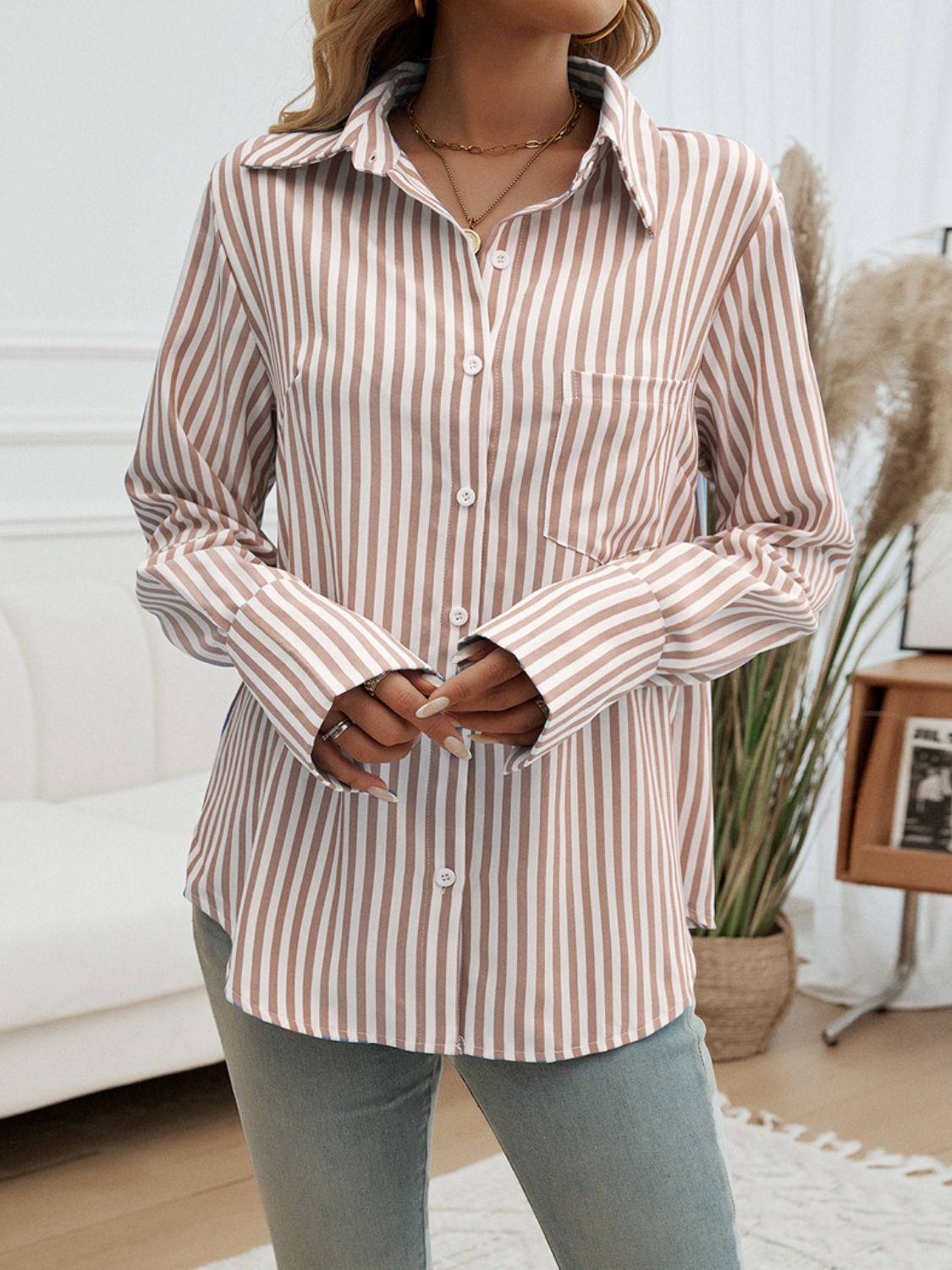 Devine Pocketed Striped Collared Neck Long Sleeve Shirt with Buttoned and Pocketed.