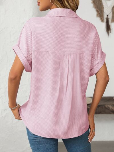 Mandy Pocketed Striped Collared Neck Short Sleeve Shirt with Buttoned and Pocketed.