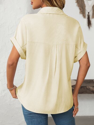 Mandy Pocketed Striped Collared Neck Short Sleeve Shirt with Buttoned and Pocketed.