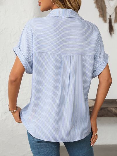Mandy Pocketed Striped Collared Neck Short Sleeve Shirt with Buttoned and Pocketed.