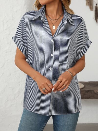 Mandy Pocketed Striped Collared Neck Short Sleeve Shirt with Buttoned and Pocketed.