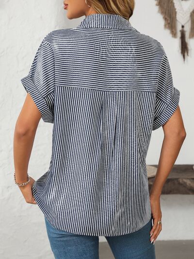 Mandy Pocketed Striped Collared Neck Short Sleeve Shirt with Buttoned and Pocketed.