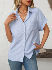 Mandy Pocketed Striped Collared Neck Short Sleeve Shirt with Buttoned and Pocketed.