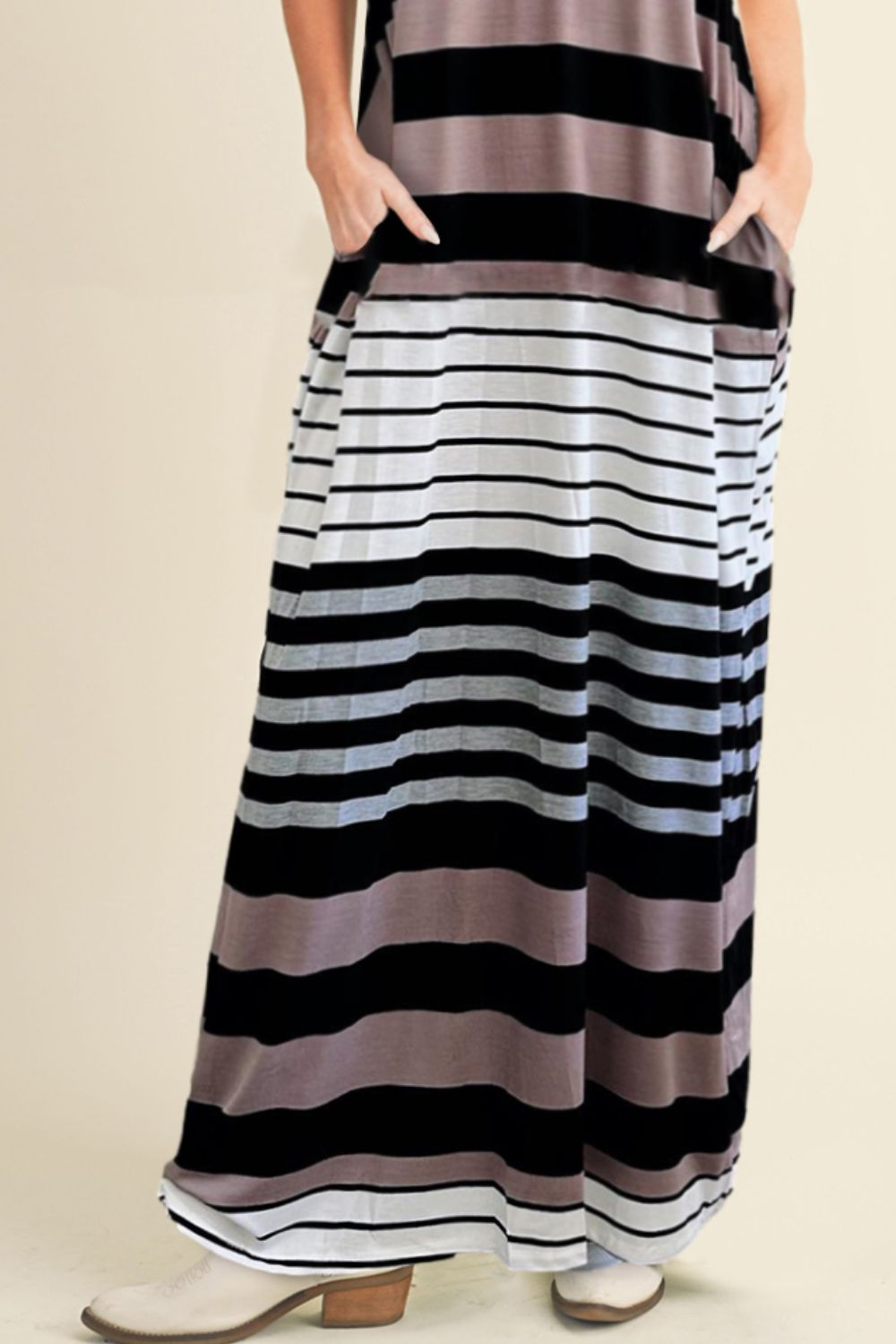Pocketed Striped V-Neck Sleeveless Cami Dress.