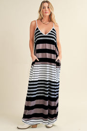 Pocketed Striped V-Neck Sleeveless Cami Dress.