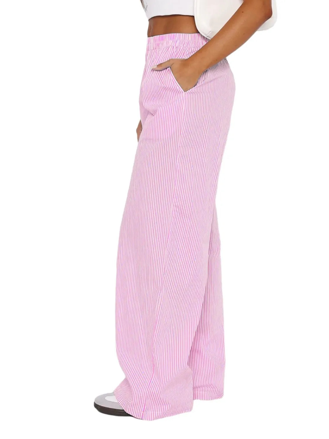 Pocketed striped wide leg pants.