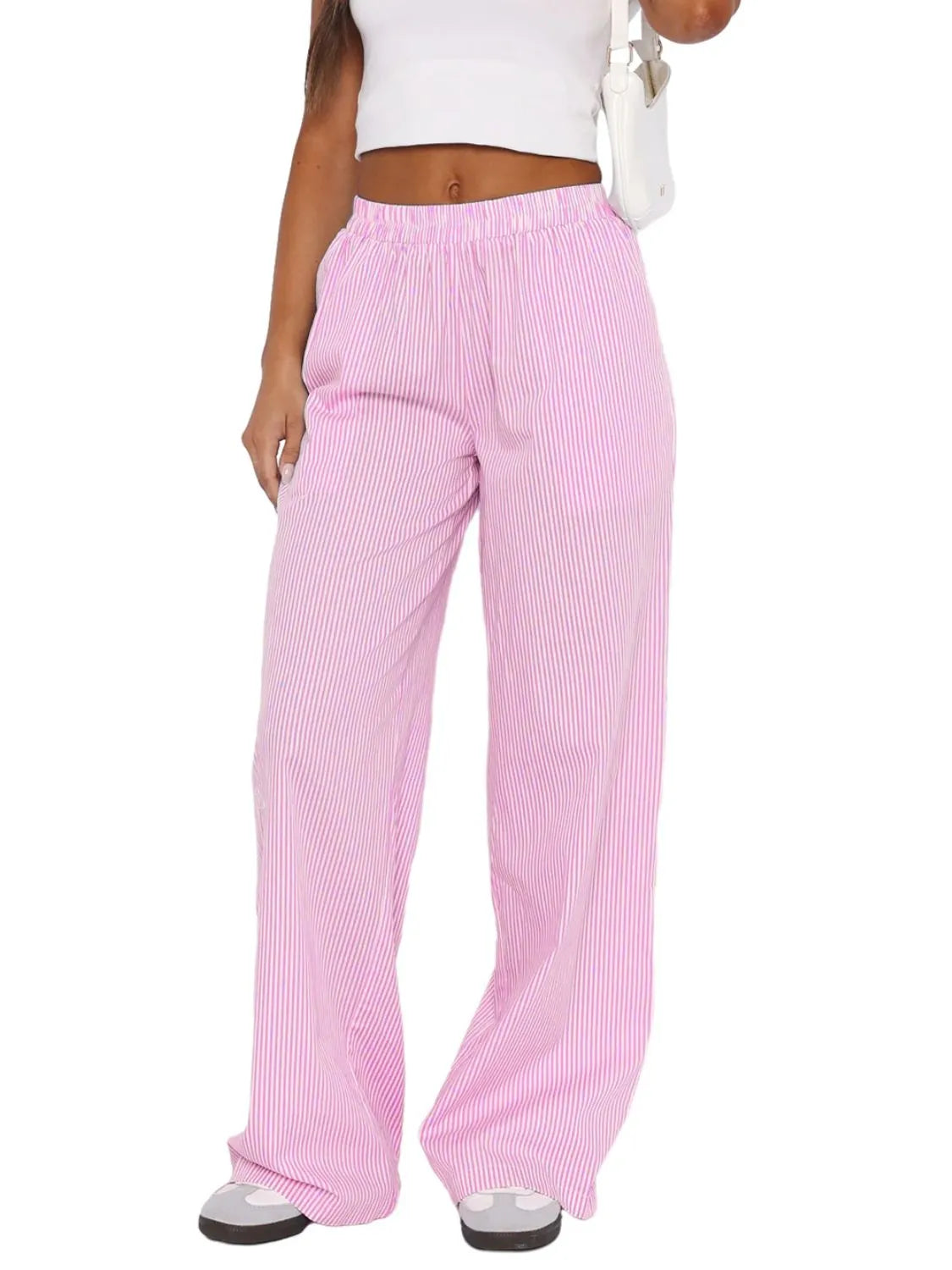 Pocketed striped wide leg pants.
