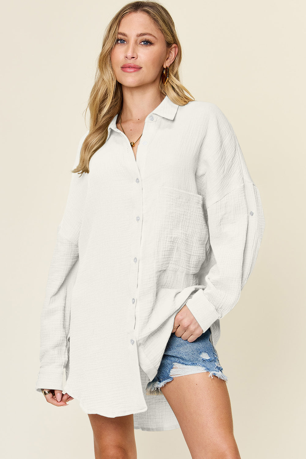 Double Take full size Pocketed Texture Button Up Shirt.
