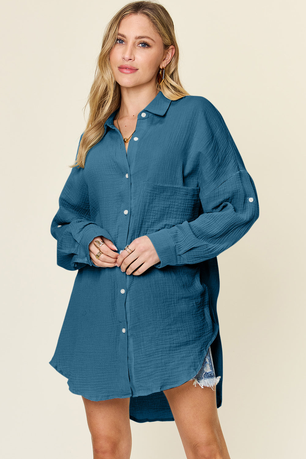Double Take full size Pocketed Texture Button Up Shirt.