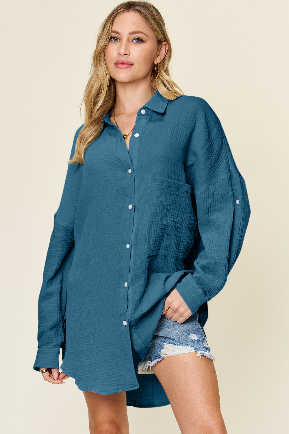 Double Take full size Pocketed Texture Button Up Shirt.