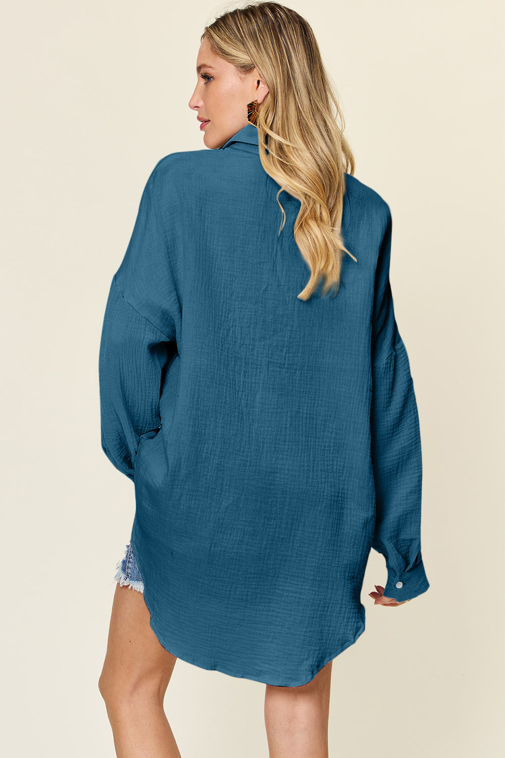 Double Take full size Pocketed Texture Button Up Shirt.