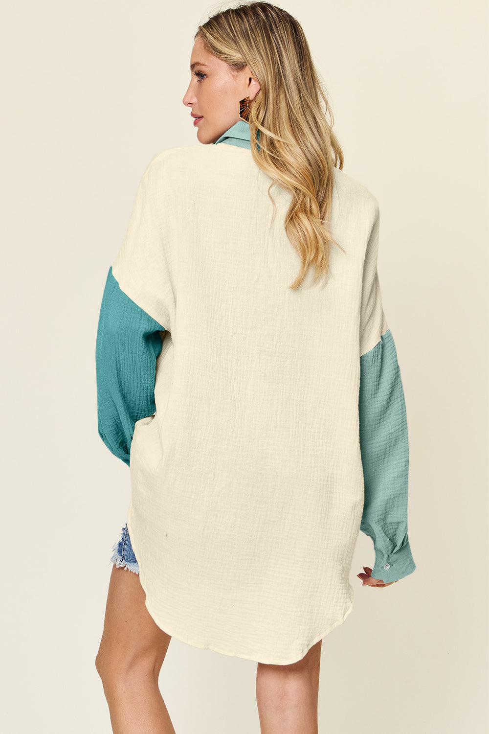 Double Take full size Pocketed Texture Button Up Shirt.