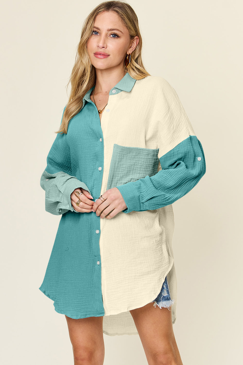 Double Take full size Pocketed Texture Button Up Shirt.
