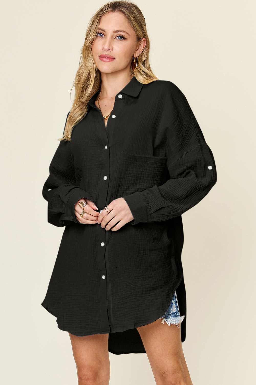 Double Take full size Pocketed Texture Button Up Shirt.