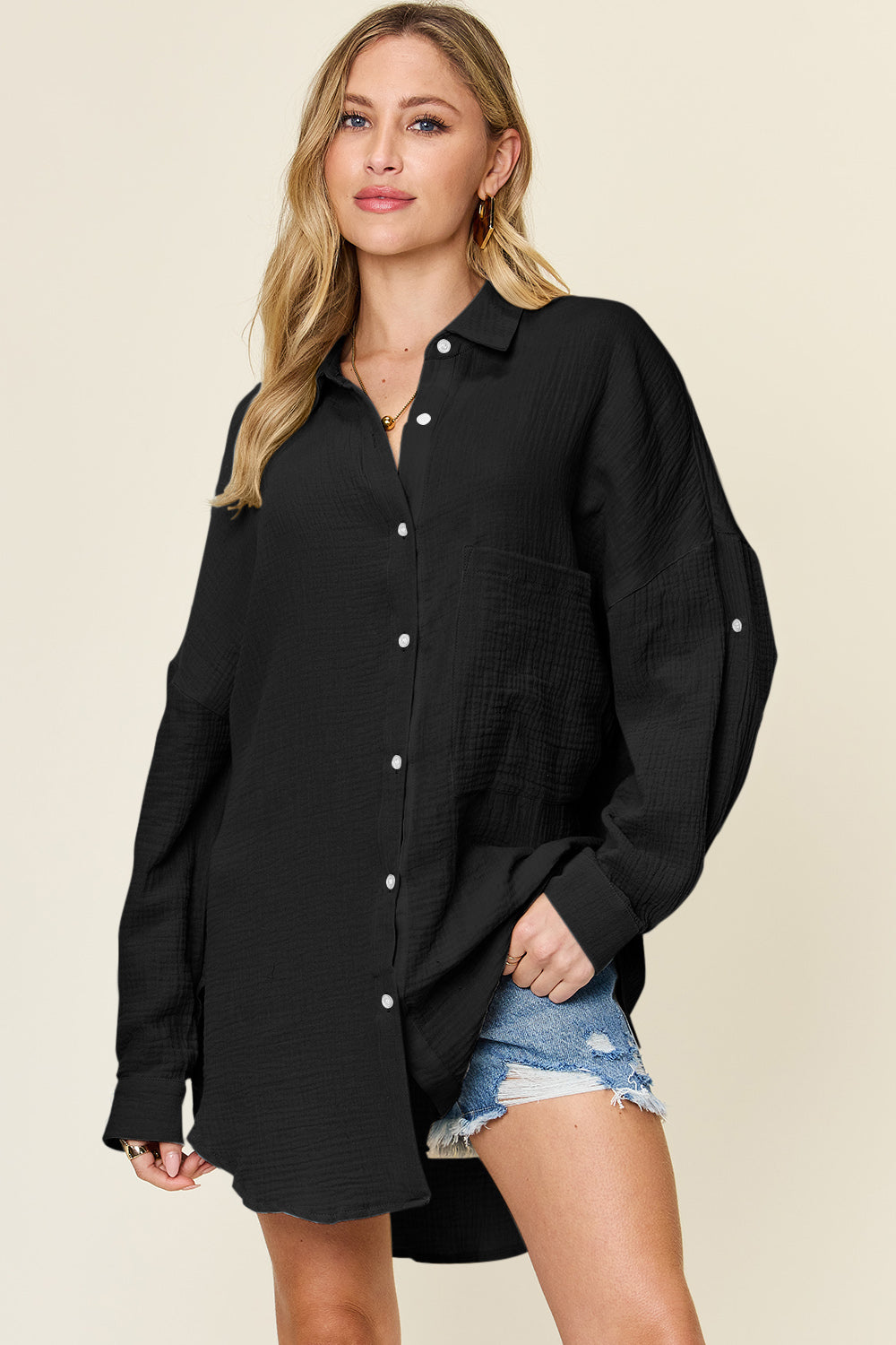 Double Take full size Pocketed Texture Button Up Shirt.