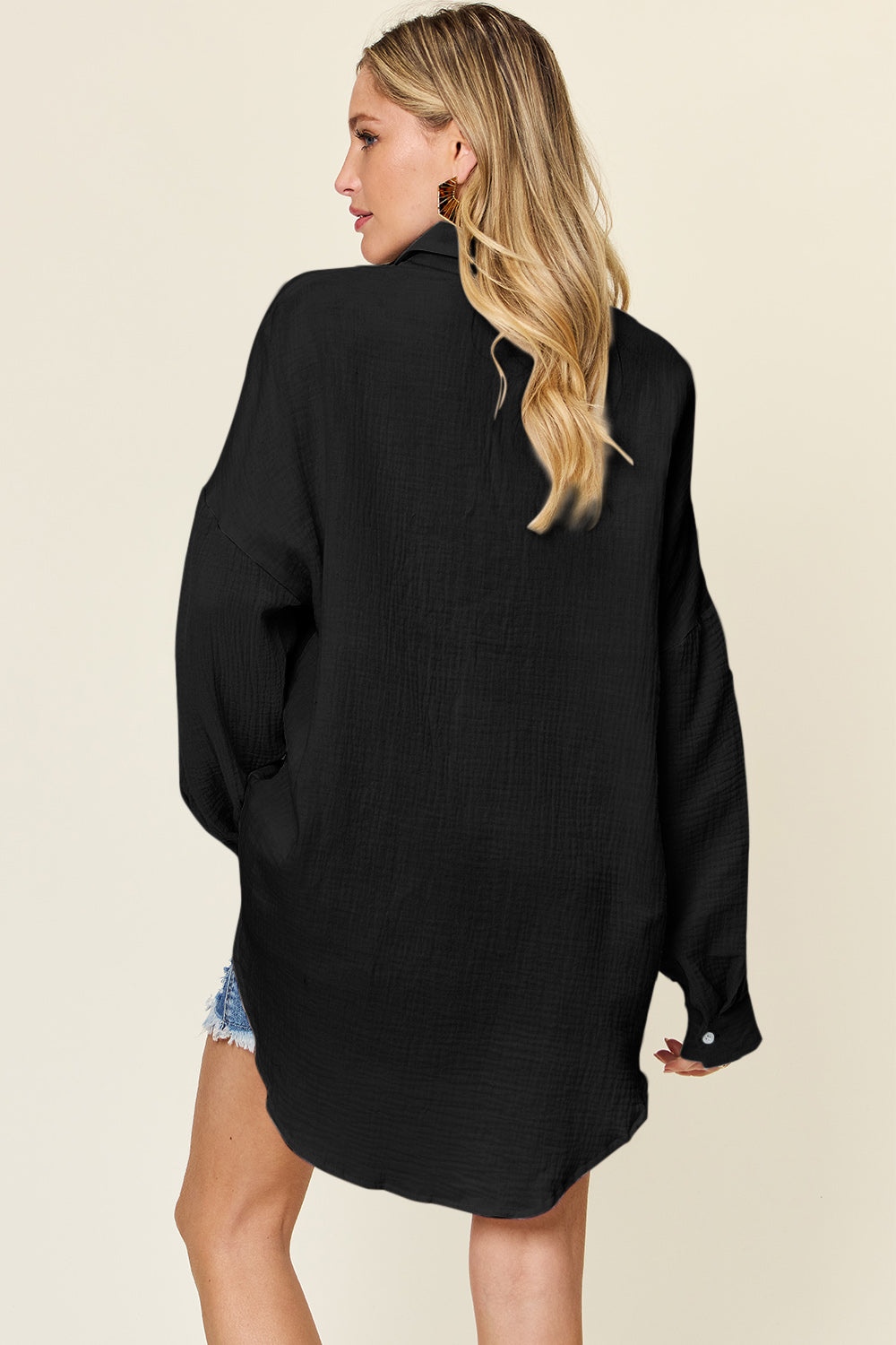 Double Take full size Pocketed Texture Button Up Shirt.