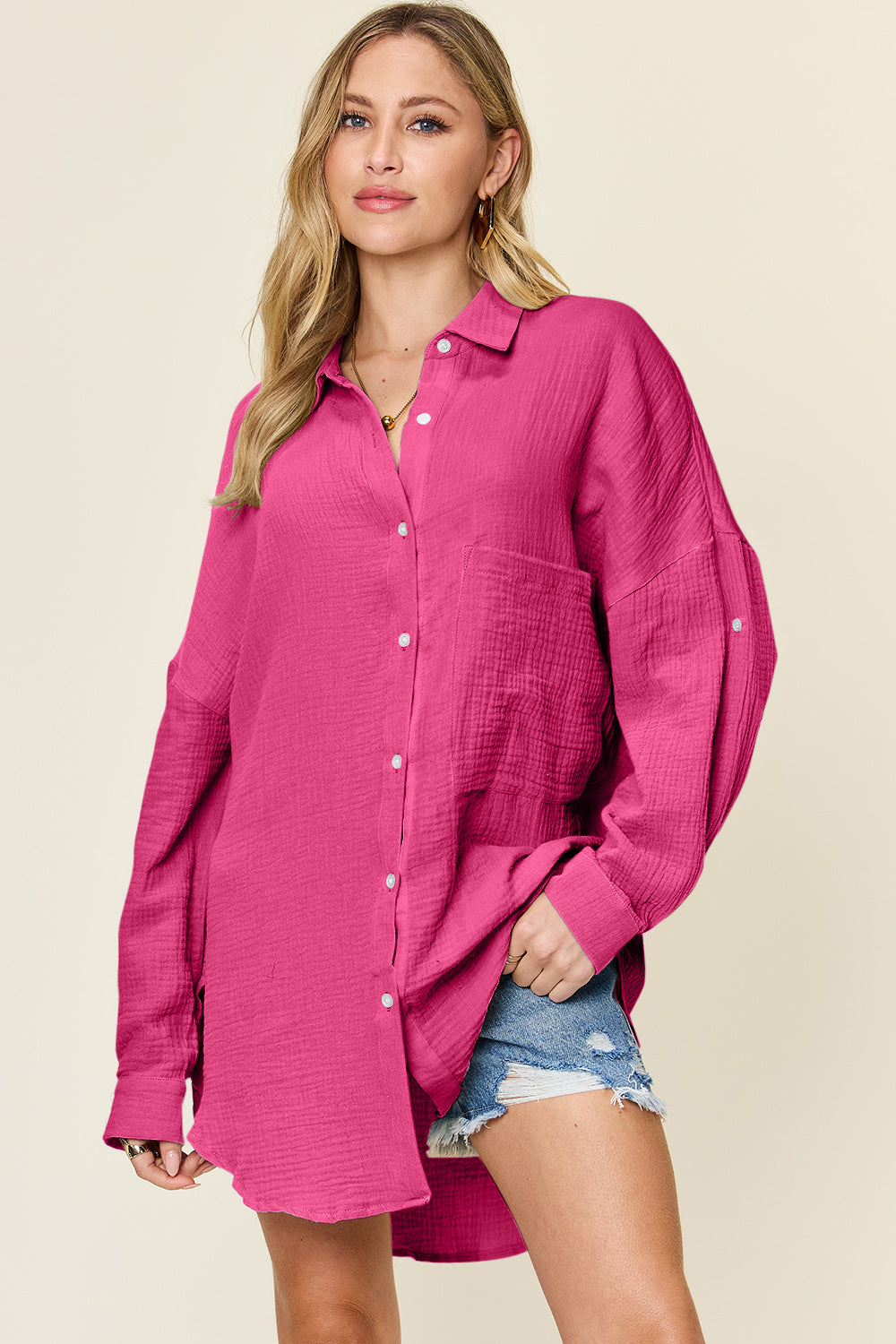 Double Take full size Pocketed Texture Button Up Shirt.