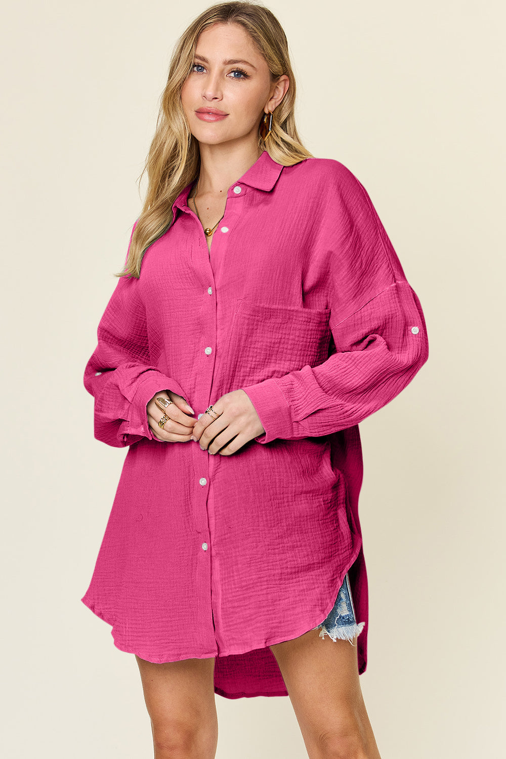 Double Take full size Pocketed Texture Button Up Shirt.