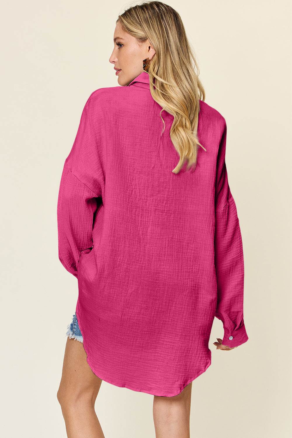 Double Take full size Pocketed Texture Button Up Shirt.