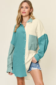 Double Take full size Pocketed Texture Button Up Shirt.