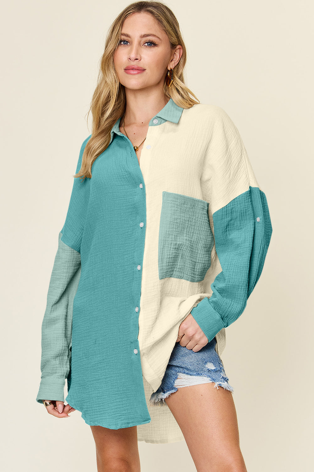 Double Take full size Pocketed Texture Button Up Shirt.