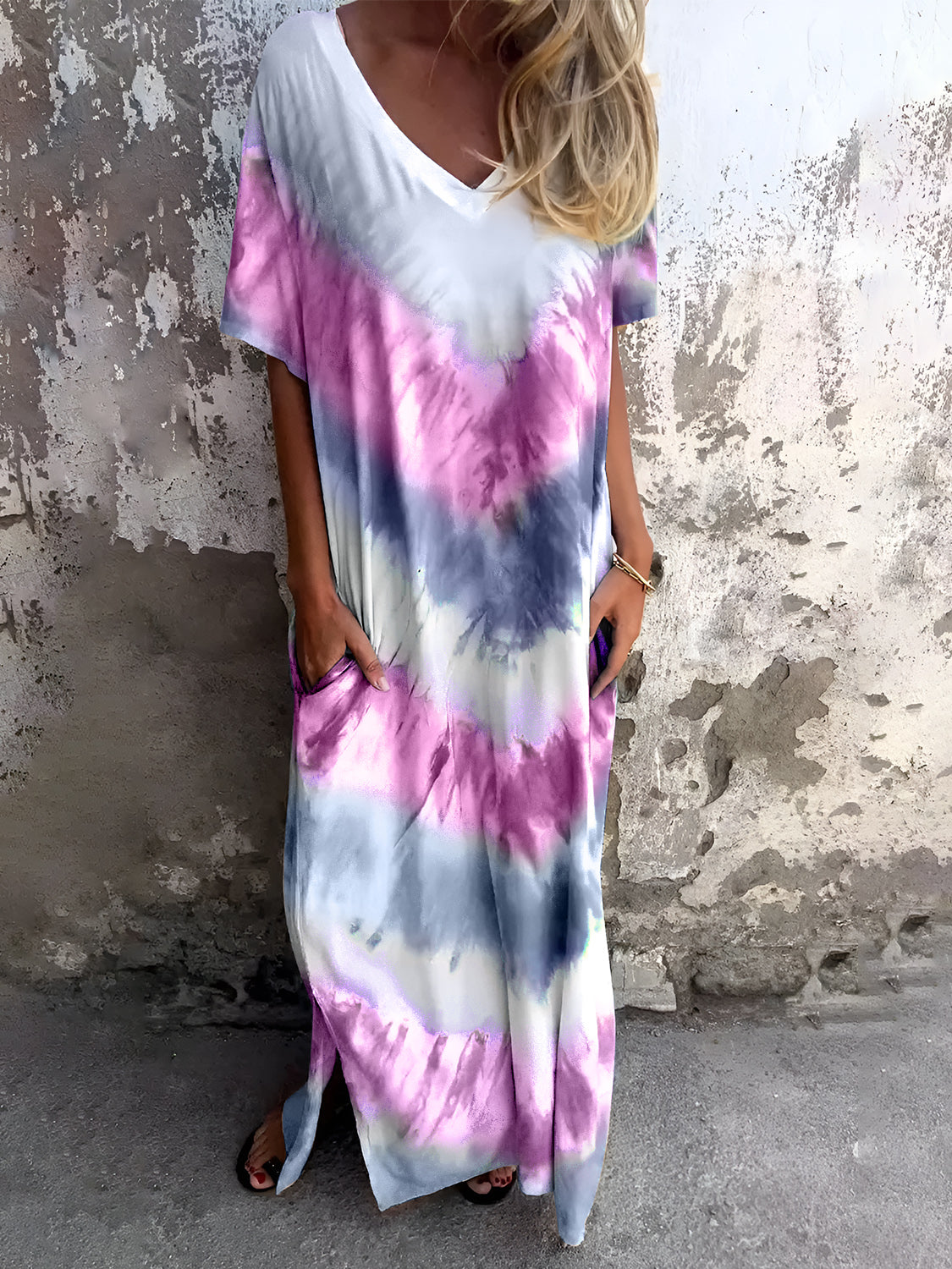 Pocketed Tie-Dye Short Sleeve Dress.