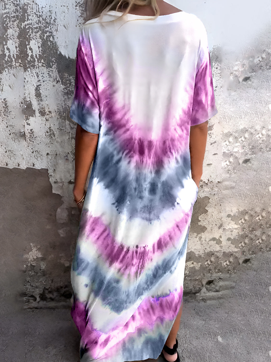 Pocketed Tie-Dye Short Sleeve Dress.