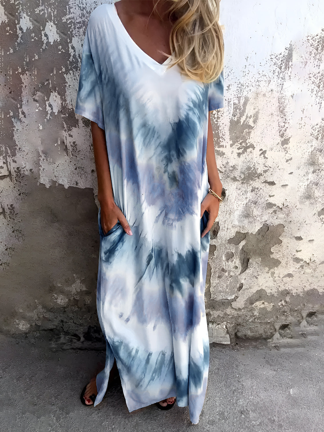 Pocketed Tie-Dye Short Sleeve Dress.
