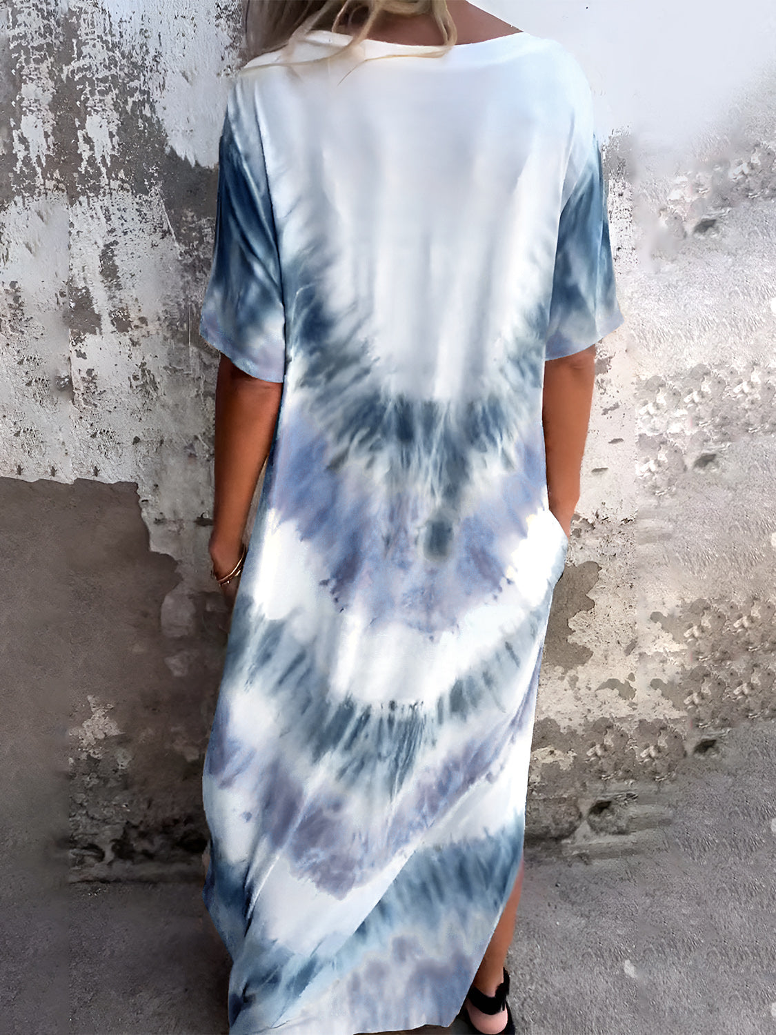 Pocketed Tie-Dye Short Sleeve Dress.