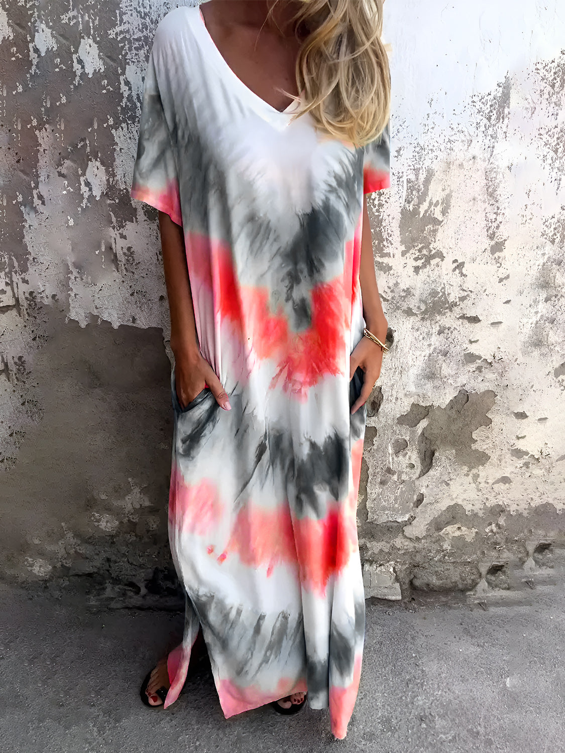 Pocketed Tie-Dye Short Sleeve Dress.