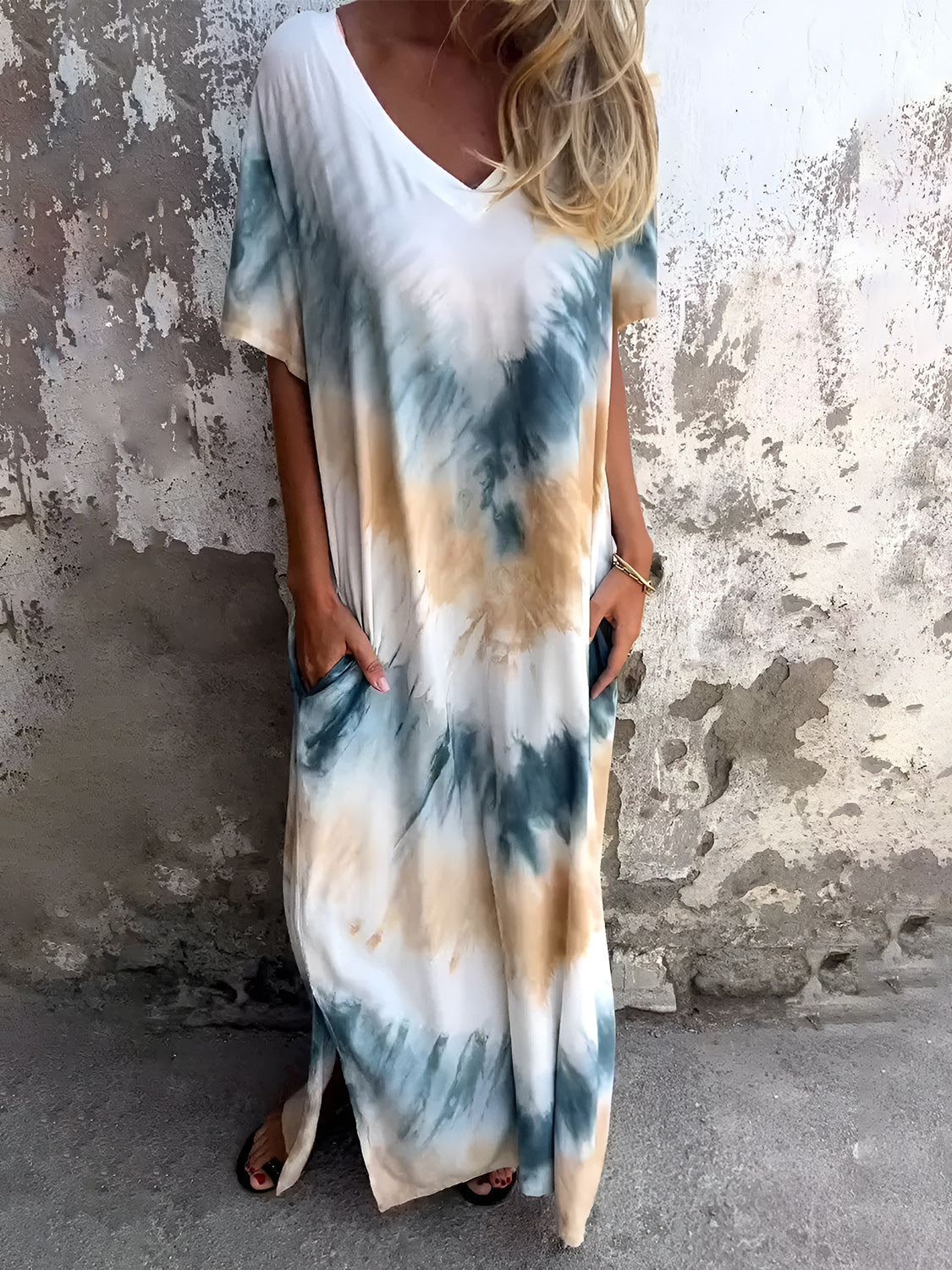 Pocketed Tie-Dye Short Sleeve Dress.