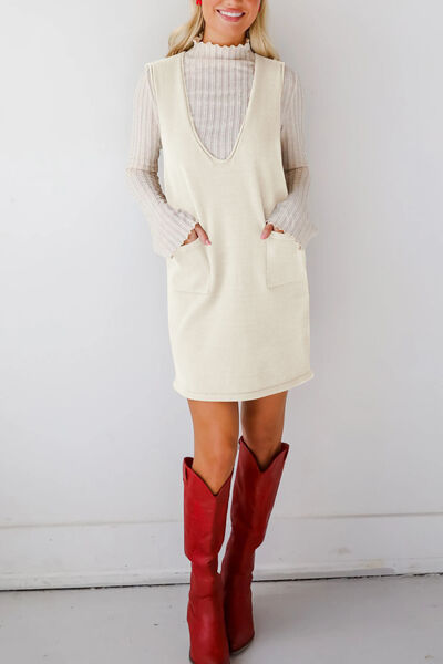 Lovelet Pocketed V-Neck Mini Sweater Overall Dress.