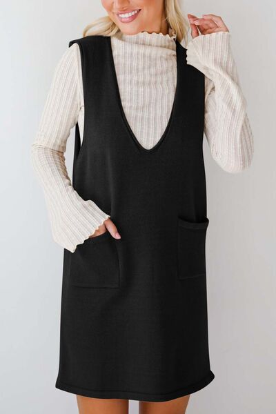 Lovelet Pocketed V-Neck Mini Sweater Overall Dress.