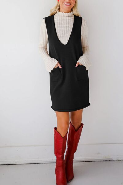 Lovelet Pocketed V-Neck Mini Sweater Overall Dress.