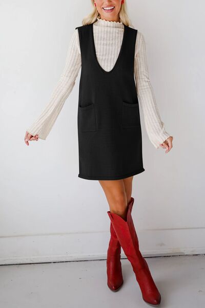 Lovelet Pocketed V-Neck Mini Sweater Overall Dress.