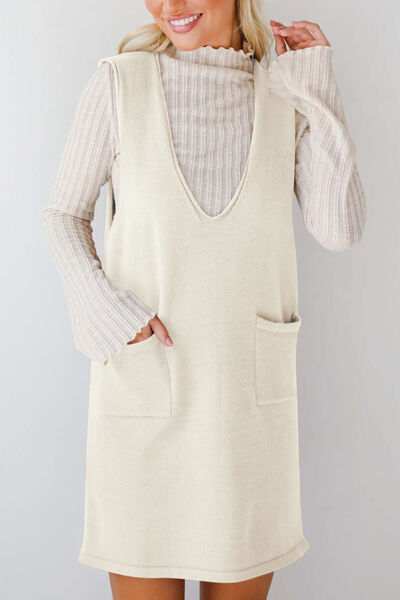 Lovelet Pocketed V-Neck Mini Sweater Overall Dress.