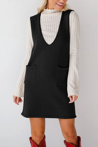 Lovelet Pocketed V-Neck Mini Sweater Overall Dress.
