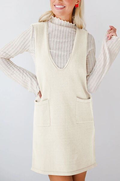 Lovelet Pocketed V-Neck Mini Sweater Overall Dress.