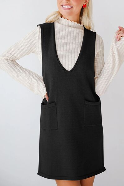 Lovelet Pocketed V-Neck Mini Sweater Overall Dress.