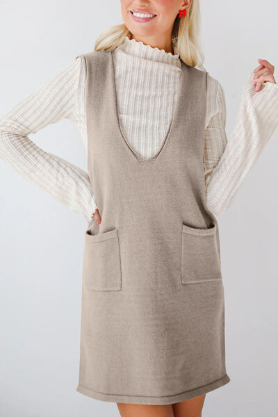 Lovelet Pocketed V-Neck Mini Sweater Overall Dress.