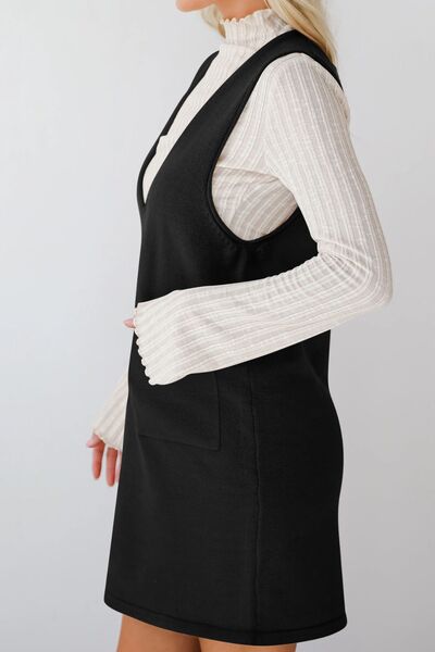 Lovelet Pocketed V-Neck Mini Sweater Overall Dress.
