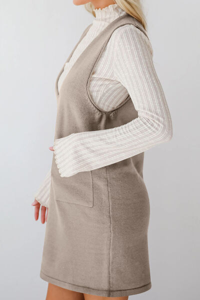 Lovelet Pocketed V-Neck Mini Sweater Overall Dress.