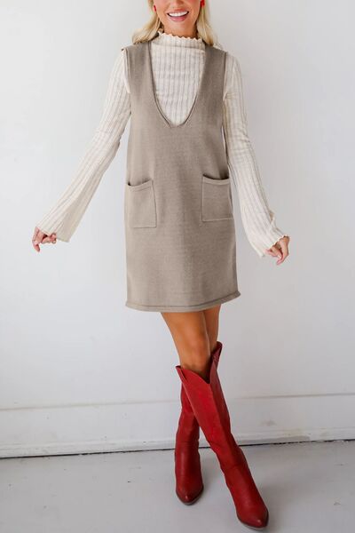 Lovelet Pocketed V-Neck Mini Sweater Overall Dress.
