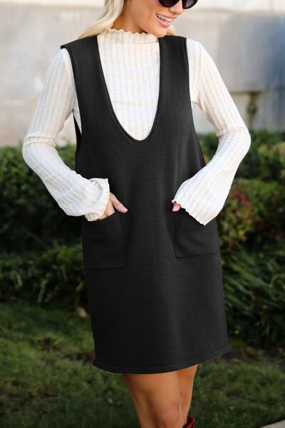 Lovelet Pocketed V-Neck Mini Sweater Overall Dress.